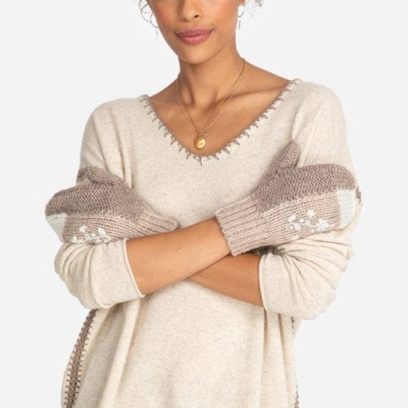 Johnny Was Patchwork Gloves Mittens Floral Embroidery Tan Brown Gray - Picture 2 of 7